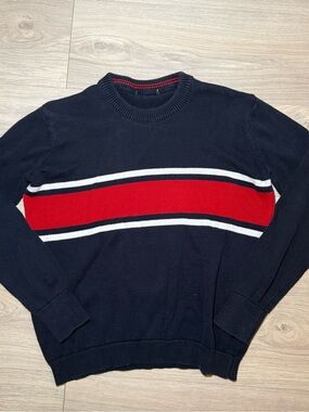 Brandy Melville Navy Crewneck Sweater with Red and White Stripes 100% Cotton
